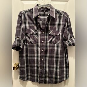 Beverly Hills Polo Club Shirt Size L Gray Plaid Button Up Roll Tab Long Sleeve